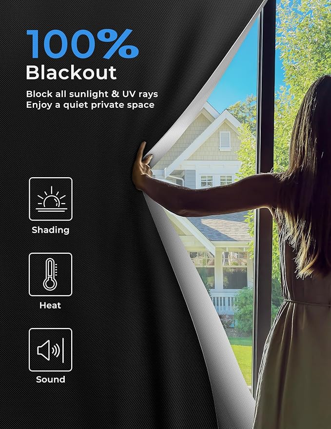 Sumobaby Blackout Curtains for Bedroom Portable 72”x59”Black Out Window Cover with Heat-Resistant Hook&Loop Tape,100% Blackout Shades,NoDrill Blinds for Windows DIY Cut Fit for Nursery&Dorm Room,Black