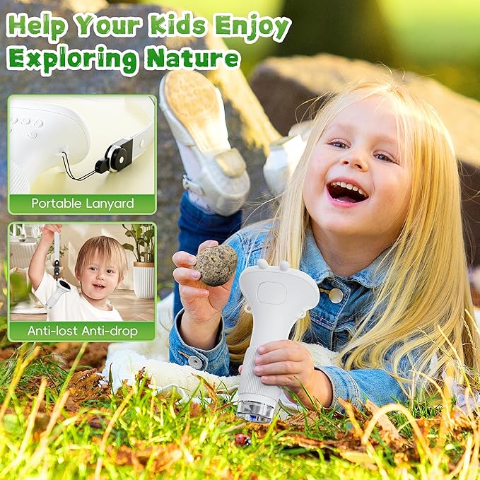 Microscope for Kids, Ahalfcit Microscope with 2'' Inch Screen -1000X Zoom Portable Camera, Birthday for 3 4 5 6 7 8 9 0 11 12 Years Old Kids,Science Educational Toys - White