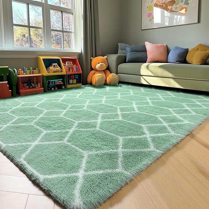 ONASAR Rugs for Living Room Bedroom, 5x8 Washable Fluffy Sage Green and White Area Rug, Geometric Boho Soft Plush Shaggy Floor Carpets for Nursery Kids Girls Boys Teen Dorm Home Decor Aesthetic