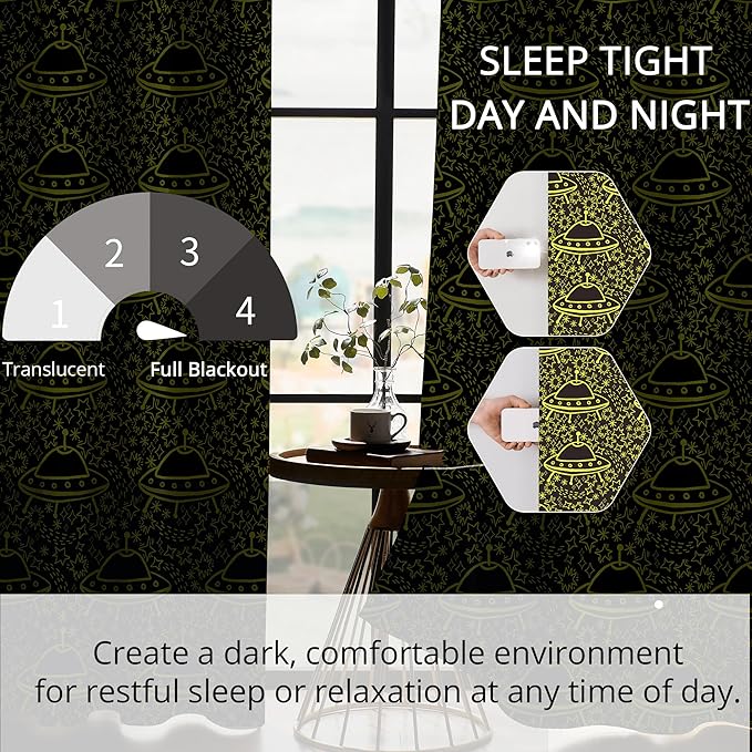 Kids UFO Blackout Curtains - 100% Blackout, Thermal Insulated, Noise Reducing, Perfect for Kids Room and Nursery, 2 Panels (Neon UFO Night, W52×L63)