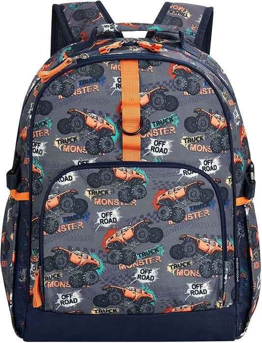 Choco Mocha Truck Backpack for Boys, Elementary School Backpack for Boys Ages 6-8 Kids Kindergarten Backpack Bookbag 17 Inch with Chest Strap, Orange