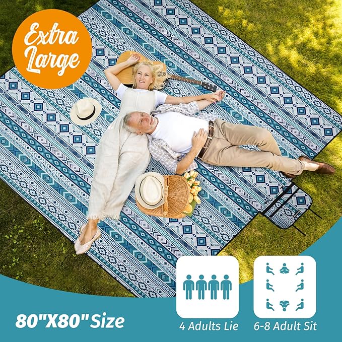 Picnic Blankets Extra Large Outdoor - Beach Blanket Waterproof Sandproof with Shoulder Strap, Machine Washable, Picnic Mat with Stakes for Grass Concert, Park, Lawn,Travel, Spring Summer. Blue
