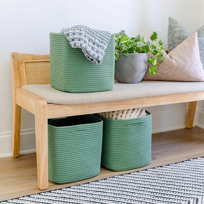 NaturalCozy Storage Cubes 11 Inch Cotton Rope Woven Baskets for Organizing, 3-Pack | Cube Storage Bin | Square Storage Baskets for Shelves Organizer, Classroom, Kids Toy Bins, Closet, Baby Nursery