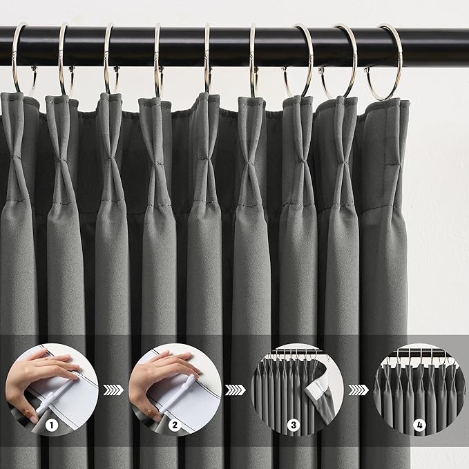 KEQIAOSUOCAI Blackout Pleated Curtains 95 Inches Long, Privacy Window Drapes for Living Room/Dining Room/Bedroom, 72 Wide x 95 Inch Long,Grey Color, Pinch Pleat with Hooks, 2 Panels