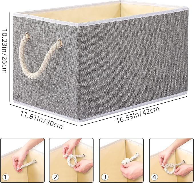 Yawinhe Collapsible Storage Bins 1-Pack, Large Fabric Baskets with Rope Handle, Organizers for Shelves, Closets, Clothes, 16.53''Lx11.81''Wx10.23''H, Grey