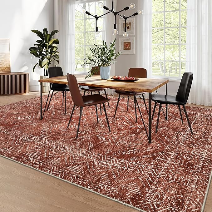 COZYLOOM 10x13 Area Rug Modern Indoor Area Rug Machine-Washable for Living Room or Bedroom Softness Foldable Mat for Easy Storage Geometric Design Non Slip Rug Stain Resistant Carpet, Brick Red