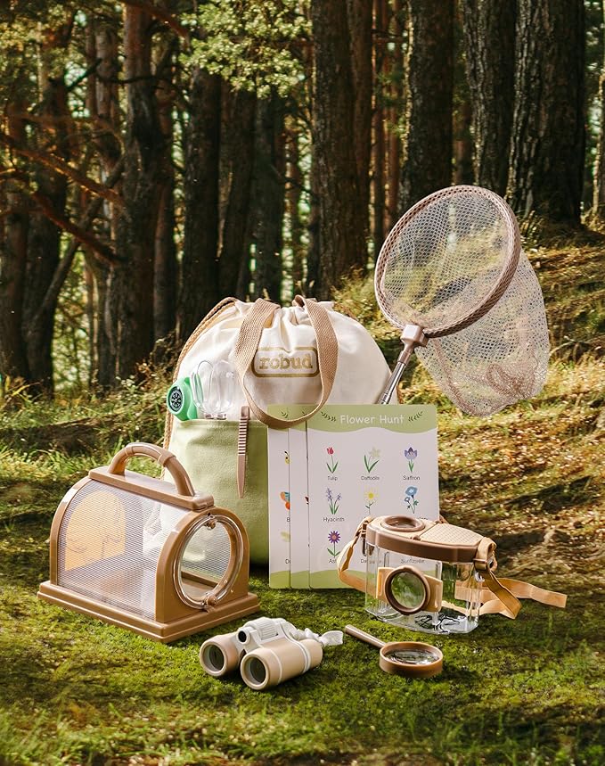 ROBUD Upgraded Kids Explorer Kit, Bug Catcher Kit with Wild Adventure Binoculars, Green Outdoor Exploration Set for Camping, Montessroi Toy for Kids Coming Closer to Nature，WRP30