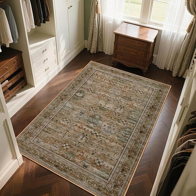 4x6 Area Rug for Bedroom Machine Washable, Non Slip Vintage Floral Kitchen Rugs for Dining Room, Low Pile Indoor Floor Print Carpet for Nursery Farmhouse Home Office Olive/Charcoal