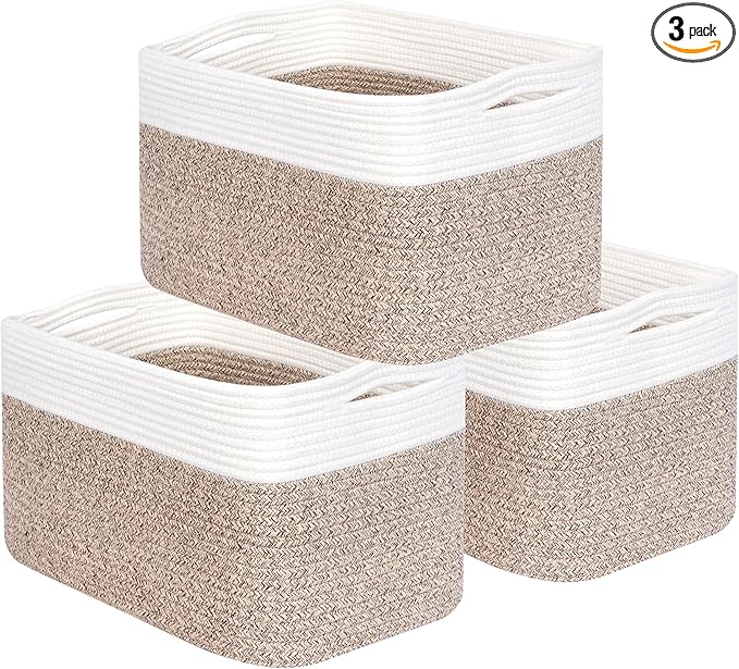 MINTWOOD Design 3-Pack Storage Baskets for Shelves, Playroom and Classroom Basket, Book Decorative Cube Bins, Woven Closet Organizers, Baby Nursery Baskets, Light Brown