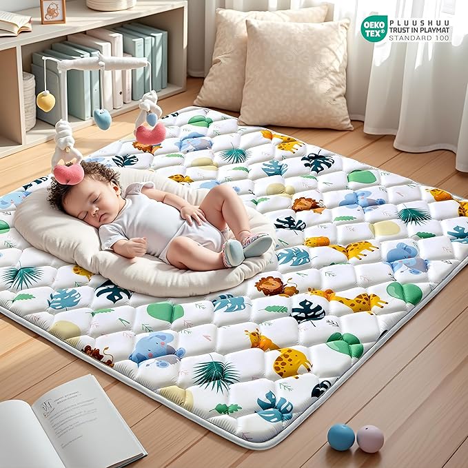 Baby Play Mats for Floor, 59x59 Playpen Mat for Babies, Extra Thicker & Soft Floor Crawling Mat, Foldable Non-Slip Playmat Cushioned for Infants Toddlers, Cute Animal Design