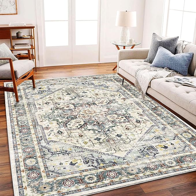 Area Rug 6'x9' Cyan Khaki Washable Vintage Traditional Floor Cover Thin Retro Kitchen Indoor Distressed Non Slip Carpet for Living Room Bedroom Dining Room