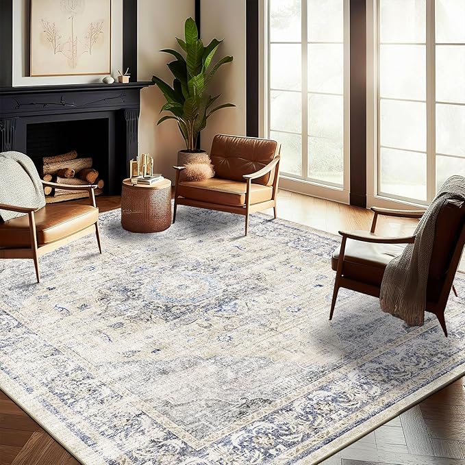 Washable Area Rug 9'x12' Floral Blue Boho Design Non-Shedding Easy Care Ideal for High Traffic Areas in Living Room Bedroom Office Coffee Table Kitchen Large Carpet