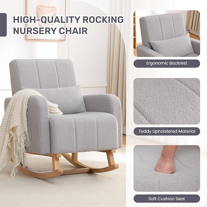Rocking Chair with Ottoman, Upholstered Nursing Glider Rocker with High Backrest and Side Pocket, Comfy Reading Chair with Solid Wood Legs for Nursery/Living Room/Bedroom Light Grey