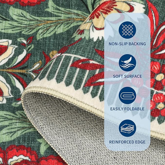 GarveeHome Floral Botanical 2x6 Washable Kitchen Runner Rugs Non Slip Grey Green Vintage Boho Cottage Long Rug for Hallways Bedroom Entryway Bathroom Mat with Rubber Back