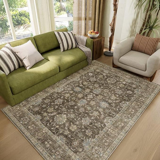 Washable 4x6 Rugs for Living Room, Boho Non-Slip Silicone Backing Small Rugs for Bedroom Nursery Office, 0.3" Neutral Oriental Throw Carpet with 0.16" Cushioning Pad, Flaxen/Multi