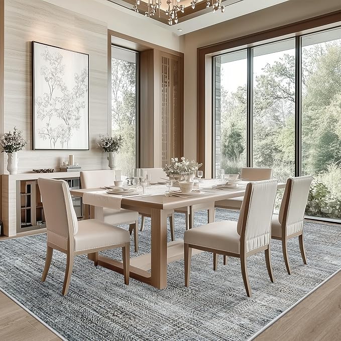 9x12 Area Rug Living Room Rugs - Washable Rug Large Modern Abstract Soft Thin Carpets Indoor Floor No Slip Vintage Carpet for Bedroom Under Dining Table Nursery Home Office Decor Gray Blue