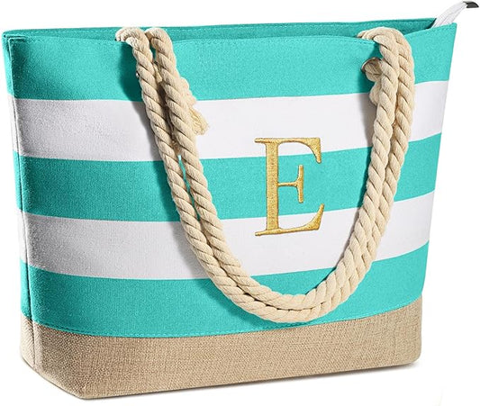 YOOLIFE Initial Canvas Waterproof Beach Tote Bag Zipper Personalized Gifts for Women Her Birthday Travel Beach Essential