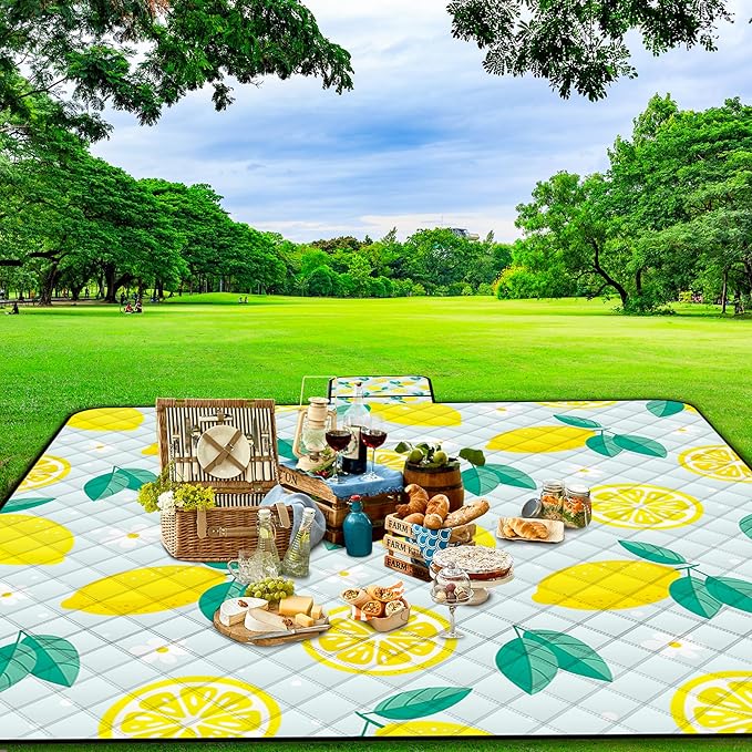 Extra Large Picnic Blanket Waterproof,80"x 80"Foldable Machine Washable Beach Blankets,Outdoor Blanket for 6-8 Adults,Picnic Mat Suitable for Indoor Crawling,Park Beach,Camping,Hiking,Travel(Lemon)
