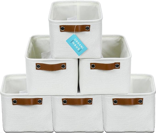 OrganiHaus Small Fabric Storage Baskets for Shelves 6 Pack, 12x8in Closet Storage Bins for Shelves, Cloth Baskets for Organizing, Linen Closet Organizers, Fabric Basket, White Basket