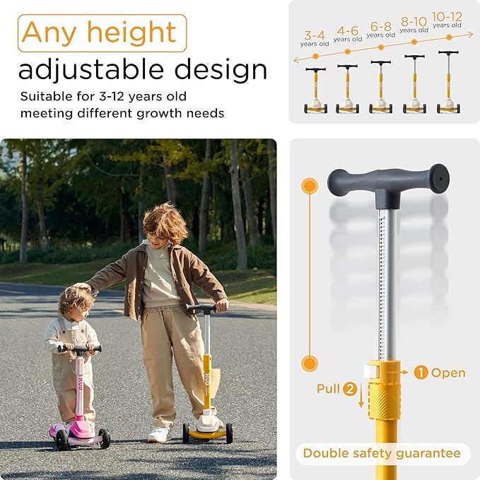 KUB Toddler Scooter for Kids Ages 2+, 3 Wheel Kick Scooter with LED Light-Up Wheels, Adjustable Height Handlebar, Lean-to-Steer, Anti-Slip Deck, Easy-Fold Design, Gift for Boys and Girls