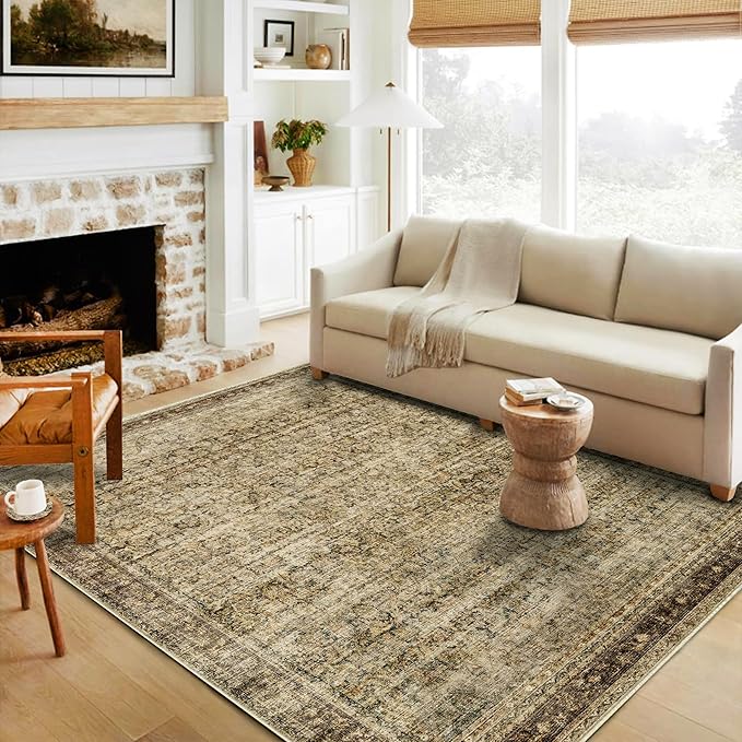Area Rug 4x6 Washable Rug Brown Vintage Traditional Floor Cover Foldable Thin Retro Kitchen Accent Indoor Distressed Non Slip Carpet Floral Print Mat Bedroom Living Room