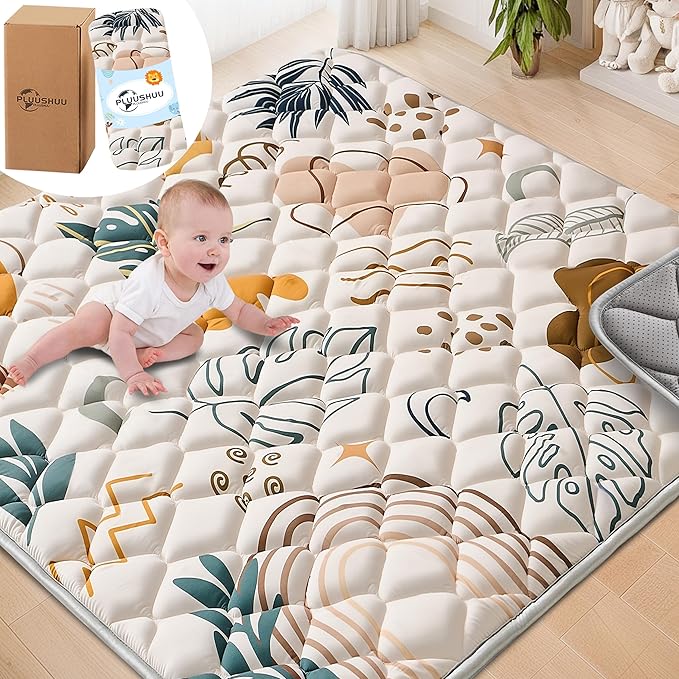 Baby Play Mats for Floor, 50x50 Playpen Mat for Babies, Extra Thicker & Soft Floor Crawling Mat, Foldable Non-Slip Playmat Cushioned for Infants Toddlers, Boho Leaf Style