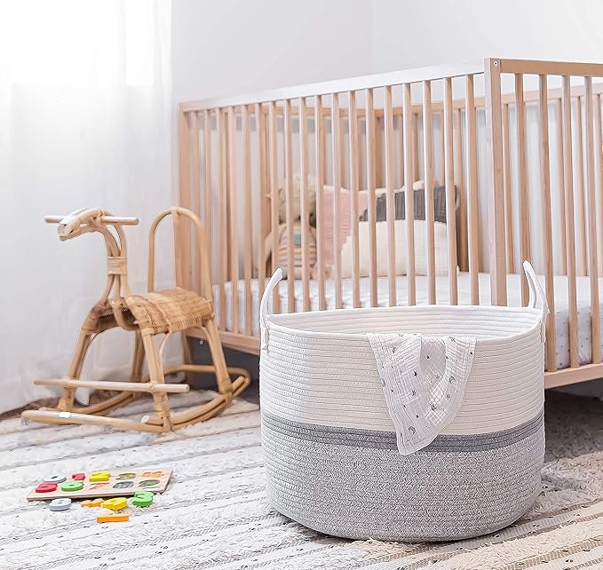OrganiHaus Extra Large Blanket Basket for Living Room 20x13, Natural Cotton Rope Laundry Basket, Sturdy Hamper for Toy Storage, Cushions & Pillows Storage Bin, Nursery Decor Hamper - White/Gray