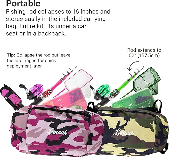 Kids Fishing Pole, Kids Portable Telescopic Fishing Rod Set, Tackle Box and Fishing Net Combo Kit, Kids Fishing Gear for Boys and Girls Age 5-10 and Youth