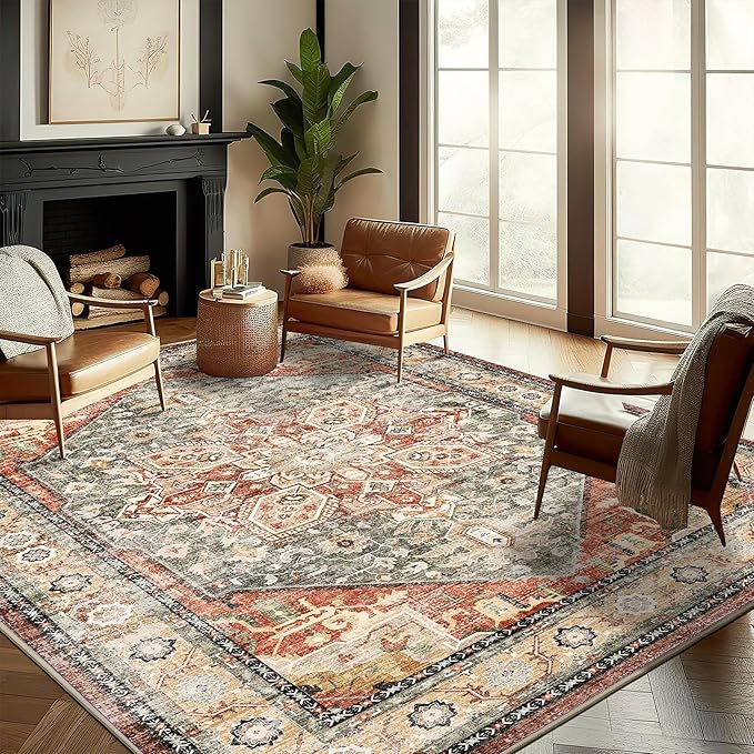 Washable Area Rug 10'x14' Red Khaki Retro Flowers Boho Design Non-Shedding Easy Care Ideal for High Traffic Areas in Living Room Bedroom Office Coffee Table Kitchen Large Carpet