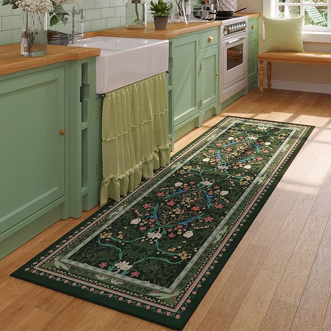 Runner Rug for Kitchen Rug Non Slip 2'6"x8' Washable Rugs with Rubber Backing Soft Vintage Floral Botanical Carpet Runner for Kitchen, Laundry, Bedroom, Bathroom, Green