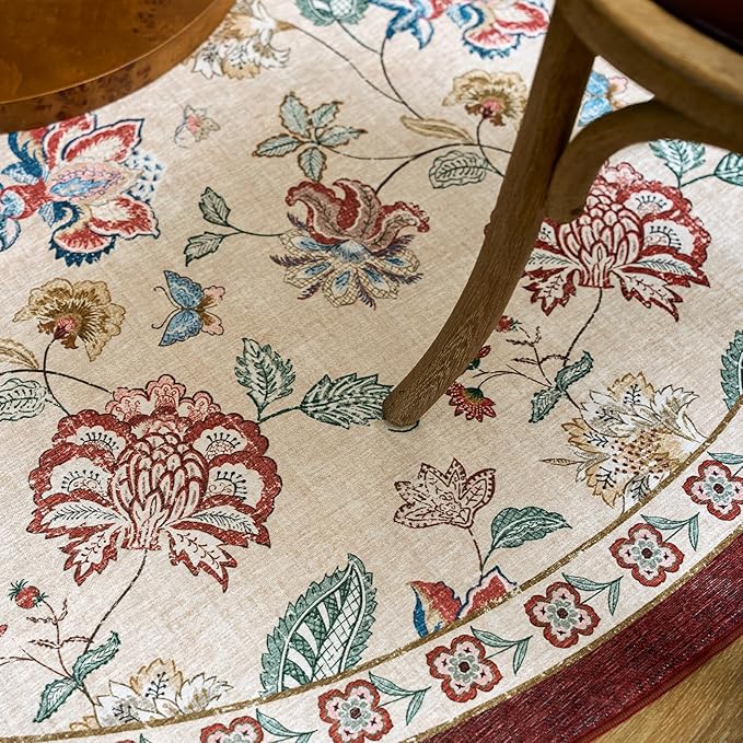 jinchan 7ft Floral Round Rug for Dining Room Washable Living Room Rug Vintage Romance Design Non Slip Indoor Floor Cover Lightweight Low-Profile Throw Carpet for Bedroom Porch Patio, Red/Beige