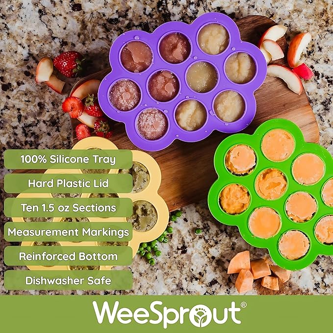 WeeSprout Silicone Baby Food Freezer Tray with Clip-on Lid - Perfect Storage Container for Homemade Baby Food, Vegetable & Fruit Purees, and Breast Milk