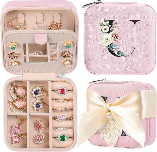 AYGXU Travel Jewelry Box for Women and Girls - Small Case With Initial A-Z - Teacher Gifts