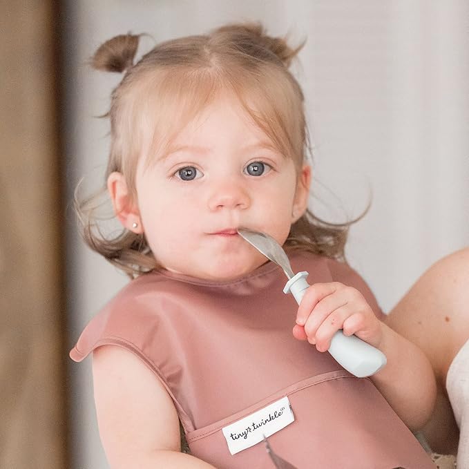 Tiny Twinkle Mess Proof Baby Bibs for Eating - Waterproof, Wipeable Bibs - Toddler Bibs - Travel Friendly - PFAS, PVC, BPA, Phthalate Free - Baby Food Bibs(3 Pack,Taupe, Rose)