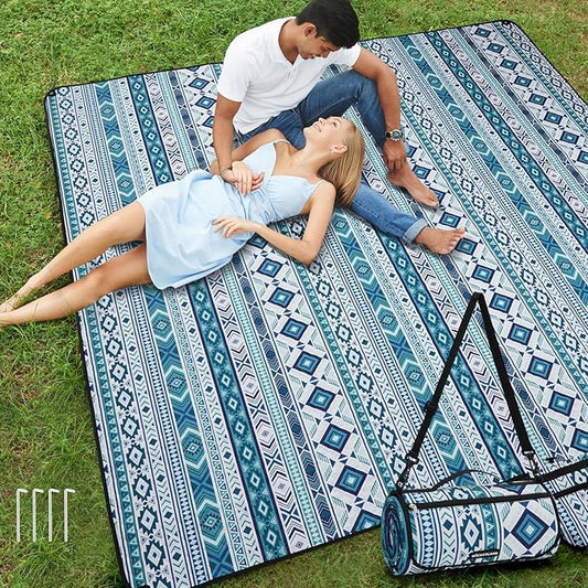 Picnic Blankets Extra Large Outdoor - Beach Blanket Waterproof Sandproof with Shoulder Strap, Machine Washable, Picnic Mat with Stakes for Grass Concert, Park, Lawn,Travel, Spring Summer. Blue