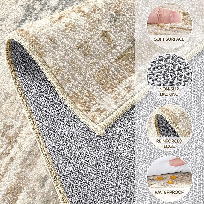 Area Rug for Living Room: 10x12 Washable Neutral Abstract Modern Soft Rugs Non Slip Indoor Floor Stain Resistant Large Carpet for Bedroom Dining Room Office Nursery - Golden Brown