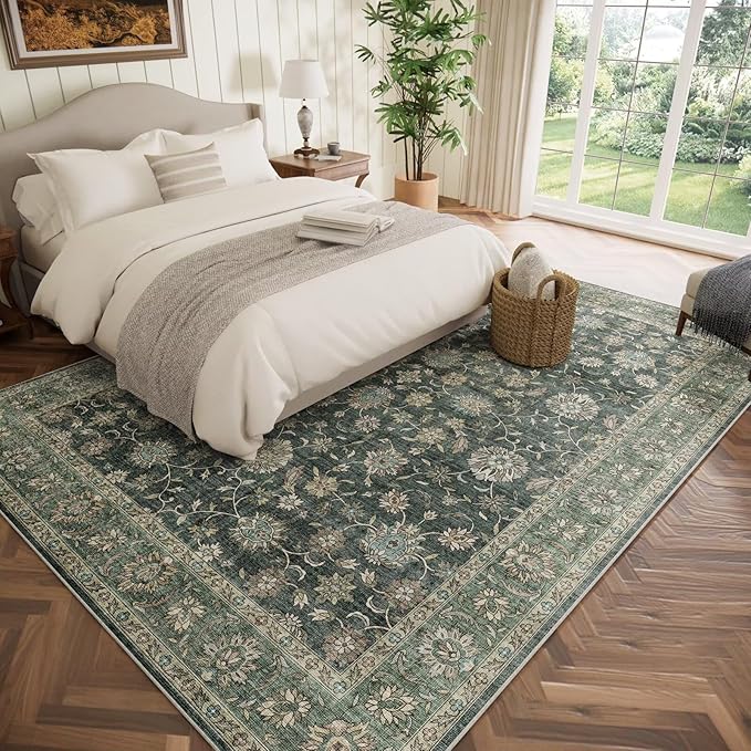 Washable 8x10 Area Rugs for Living Room, Boho Non-Slip Silicone Backing Rugs for Bedroom Dining Room Nursery Office, 0.3" Neutral Oriental Throw Carpet with 0.16" Cushioning Pad, Sage Green/Multi