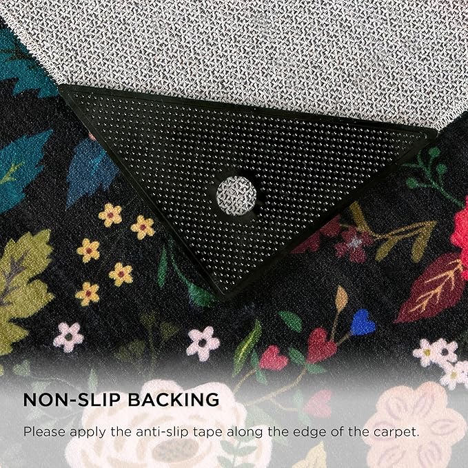 Rug Runners 2x6, Floral Washable Kitchen Rugs for Hallways Area Rugs, Non Slip Long Rug Low Pile Entrance Doormat, Flower Carpet for Kitchen, Entryway Indoor, Bedroom, Bathroom, Laundry, Black