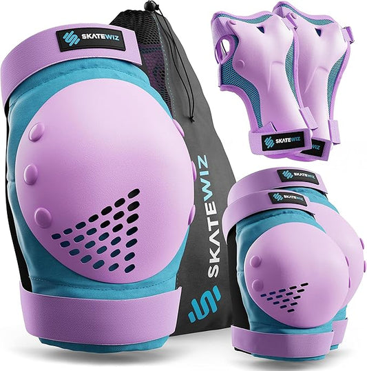 SKATEWIZ Skateboard Pads Protective Gear Set for Kids - Smash - Roller Skate Pads [6pc] - Elbow Pads Roller Derby and Knee Pads Kids Skating with Wrist Guards for Kids and Adults