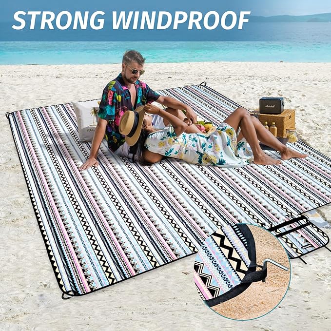 Picnic Blankets Extra Large Outdoor - Beach Blanket Waterproof Sandproof with Shoulder Strap, Machine Washable, Picnic Mat with Stakes for Grass Concert, Park.BohoGeometry