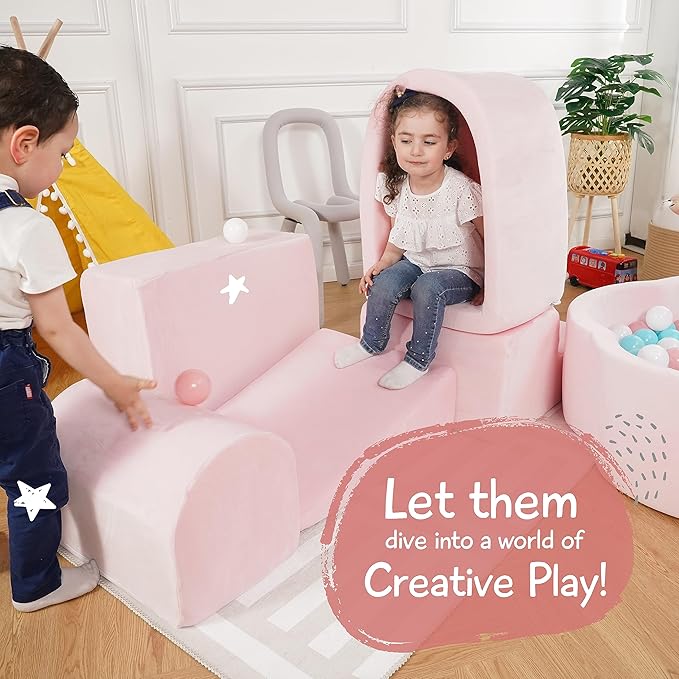 Foam Climbing Blocks for Toddlers 1-3 - Climb and Crawl Activity Playset - Indoor Activity Play Structure for Toddlers - Foam Soft Play Set for Babies - 5 PCS - Balls NOT Included - Pink