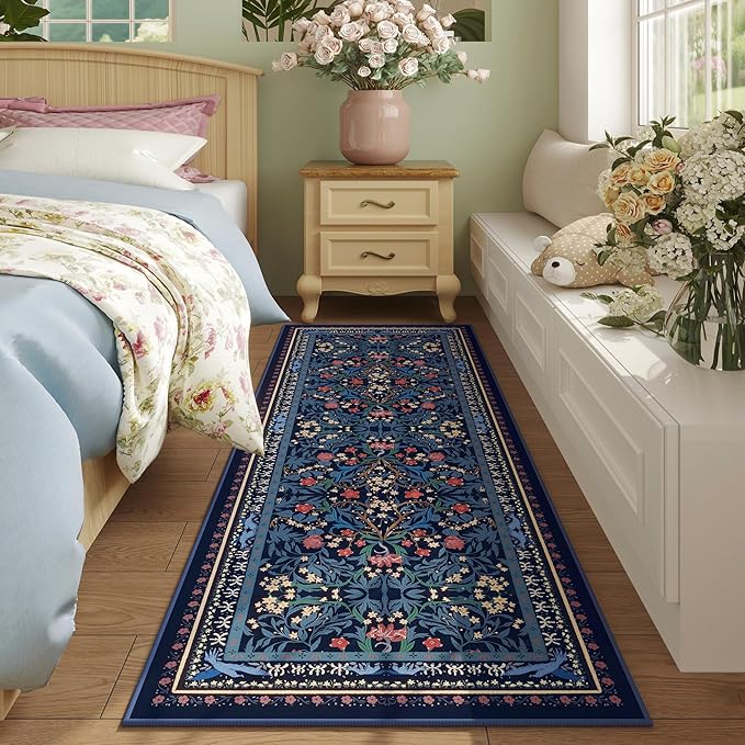 Runner Rug for Kitchen Rug Non Slip 2'6"x8' Washable Rugs with Rubber Backing Soft Vintage Floral Botanical Carpet Runner for Kitchen, Laundry, Bedroom, Bathroom, Blue