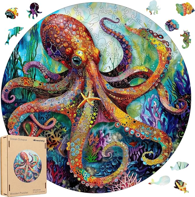 Wooden Puzzle for Adults 200pcs, Octopus Wooden Jigsaw Puzzles, Unique Shape Animal Adult Puzzles, Irregular Wood Puzzles Best Gift for Adults and Kids Family Game(11.2 * 11.2 in)