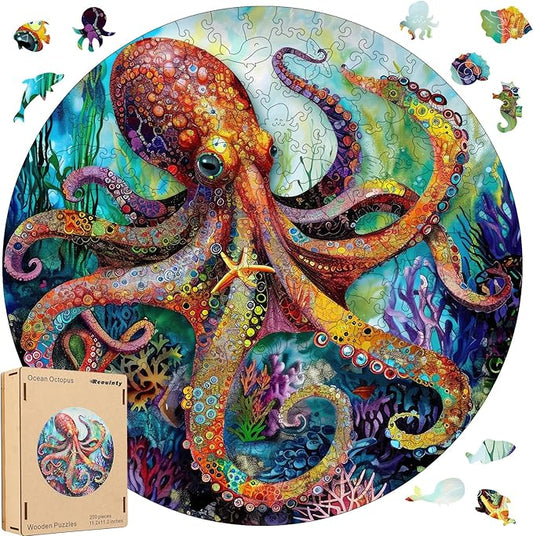 Wooden Puzzle for Adults 200pcs, Octopus Wooden Jigsaw Puzzles, Unique Shape Animal Adult Puzzles, Irregular Wood Puzzles Best Gift for Adults and Kids Family Game(11.2 * 11.2 in)