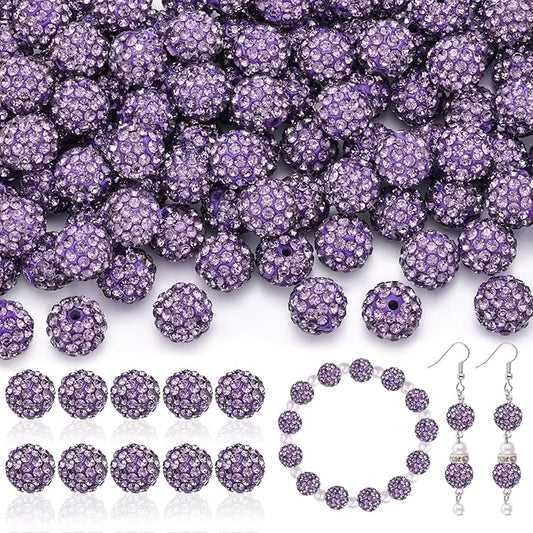 200pcs 10mm Rhinestone Beads for Jewelry Making, Purple Shiny Round Disco Ball Beads Bulk, Sparkle Crystal Clay Christmas for Bracelet Baseball Necklace Earring Crafting and DIY