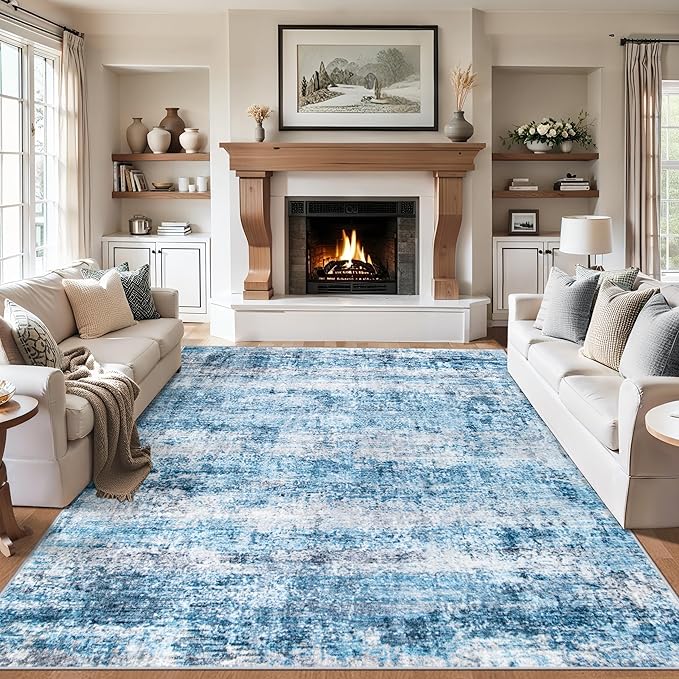 8x10 Area Rugs for Living Room - Washable Rug Modern Abstract Soft Large Neutral Non-Slip Carpet Indoor Floor Thin Carpets for Bedroom Dining Room Farmhouse Nursery Home Office Blue Grey