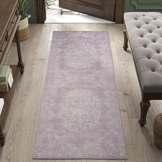 jinchan Vintage Floral Runner Rug 2x5 - Machine Washable Distressed Design Non-Slip Low-Pile Soft Thin Carpet for Hallway Kitchen Farmhouse Bedroom Entryway Laundry Room (2x5ft,Orchid)