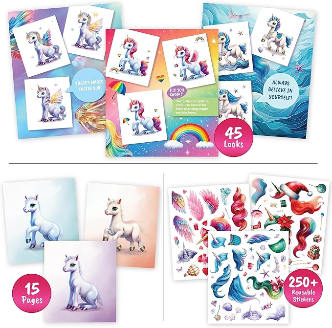 Sticker Dress Up Unicorn - Kids Activity Book Learn Fashion Design for Unicorn with Guides and 250+ Reusable Stickers. Gift for Girls Ages 5,6,7,8