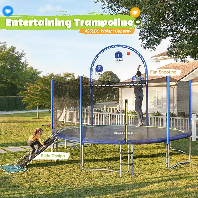 Zupapa Trampolines No-Gap Design 1500 LBS Weight Capacity 16 15 14 12 10 8FT for Kids Children with Safety Enclosure Net Outdoor Backyards Large Recreational Trampoline