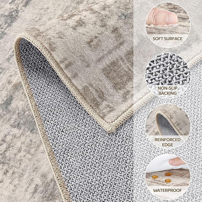 Area Rug for Living Room: 9x12 Washable Neutral Abstract Modern Soft Rugs Non Slip Indoor Floor Stain Resistant Large Carpet for Bedroom Dining Room Office Nursery - Brown